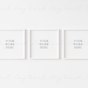 May include: Three white picture frames with a white background. The frames are arranged horizontally. Each frame has the text "YOUR WORK HERE" inside.