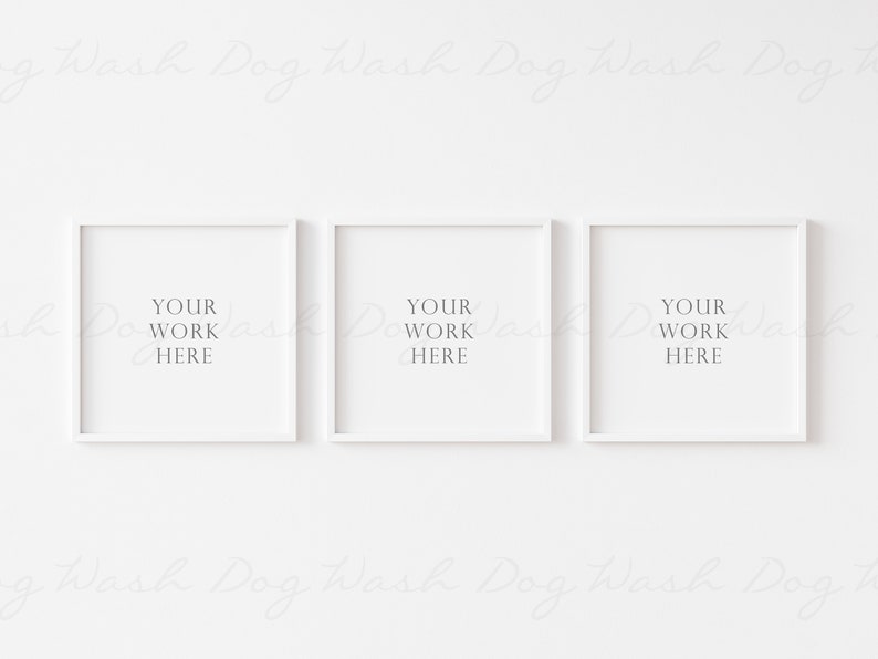 May include: Three white picture frames with a white background. The frames are arranged horizontally. Each frame has the text "YOUR WORK HERE" inside.
