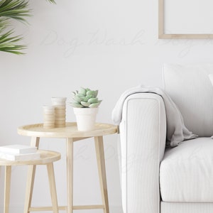 May include: A white sofa with a throw blanket, a small wooden side table with a potted succulent plant and two stacked candle holders, and a smaller wooden side table with a stack of books.