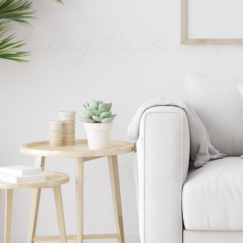 May include: A white sofa with a throw blanket, a small wooden side table with a potted succulent plant and two stacked candle holders, and a smaller wooden side table with a stack of books.