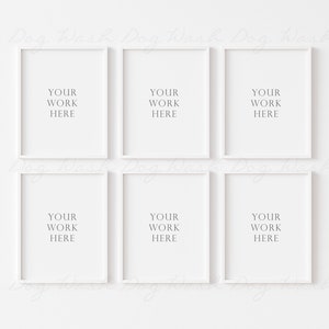 Peut inclure: Six cadres photo blancs sur un fond blanc. Chaque cadre contient le texte "YOUR WORK HERE" &agrave; l'int&eacute;rieur.