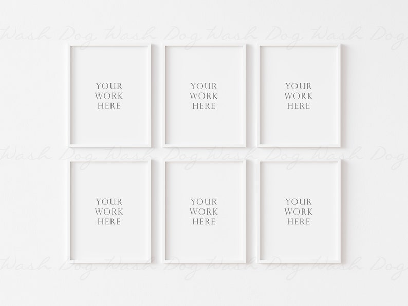 Peut inclure: Six cadres photo blancs sur un fond blanc. Chaque cadre contient le texte "YOUR WORK HERE" &agrave; l'int&eacute;rieur.
