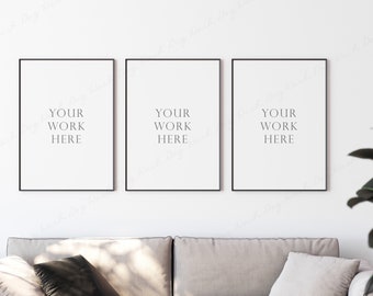 Three Frame Mockup, Living Room Frame Mockup, 3 Vertical Frame Mockup, 5x7 Black Frame Mockup, Black Thin Frame, PSD Mockup, Interior Mockup