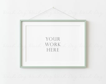 Frame mock up, Wall hanging frame, Green frame mockup, Sign horizontal mock up, Realistic frame, Picture frame 4x6, Horizontal frame display