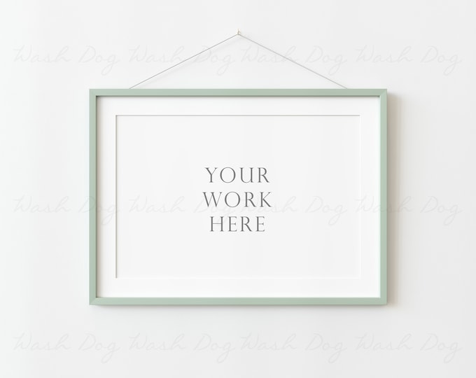 Frame mock up, Wall hanging frame, Green frame mockup, Sign horizontal mock up, Realistic frame, Picture frame 4x6, Horizontal frame display