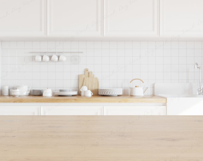 Kitchen Background Mockup, Kitchen Mockup, Wood Table Mockup, Kitchen Countertop, Mockup for Product, Interior Mockup, Minimal Kitchen Scene