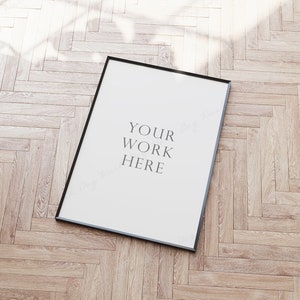 A4 picture frame mockup, Digital interior mock up, Natural wood frame, Mock ups, Thin digital frame, Wood floor, Black thin frame, PSD frame