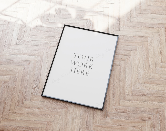 A4 picture frame mockup, Digital interior mock up, Natural wood frame, Mock ups, Thin digital frame, Wood floor, Black thin frame, PSD frame