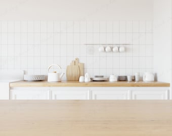 Kitchen Table Mockup, Kitchen Background Mockup, Kitchen Mockup, Wood Table Mockup, Kitchen Counter Background for Product, Interior Mockup