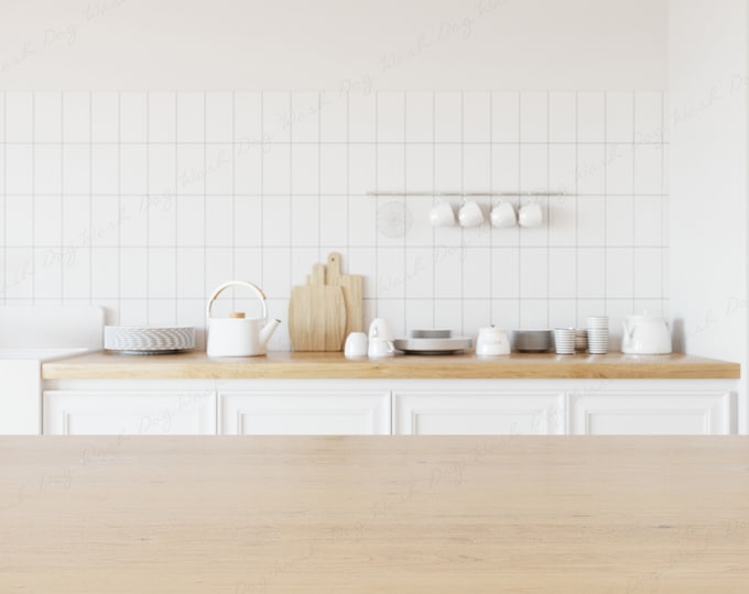 Kitchen Table Mockup, Kitchen Background Mockup, Kitchen Mockup, Wood Table Mockup, Kitchen Counter Background for Product, Interior Mockup