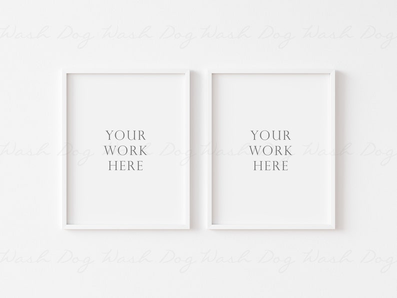 May include: Two white picture frames with a white background. The frames are empty and have the text "YOUR WORK HERE" in each frame.