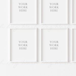 Peut inclure: Cinq cadres photo blancs avec le texte "YOUR WORK HERE" dans chaque cadre, dispos&eacute;s en grille sur un mur blanc.