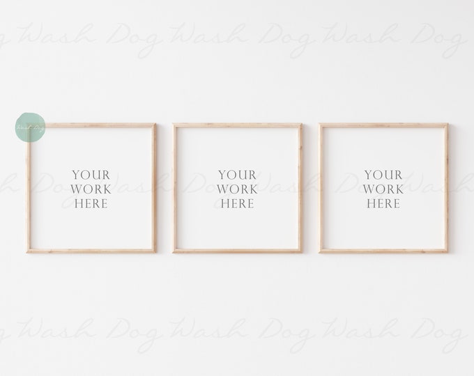 Three square frame mockup, Three frames mockup, 3 Square frames, Three digital frames, Three wood frame mockup, Wood, 3 wood frame mockup