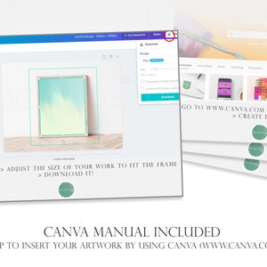 May include: A screenshot of a Canva design template with a light blue and white watercolor background. The template is for a framed artwork and includes instructions on how to adjust the size of your work to fit the frame and download it. The text "GO TO WWW.CANVA.COM > CREATE > CREATE DESIGN" is also visible.