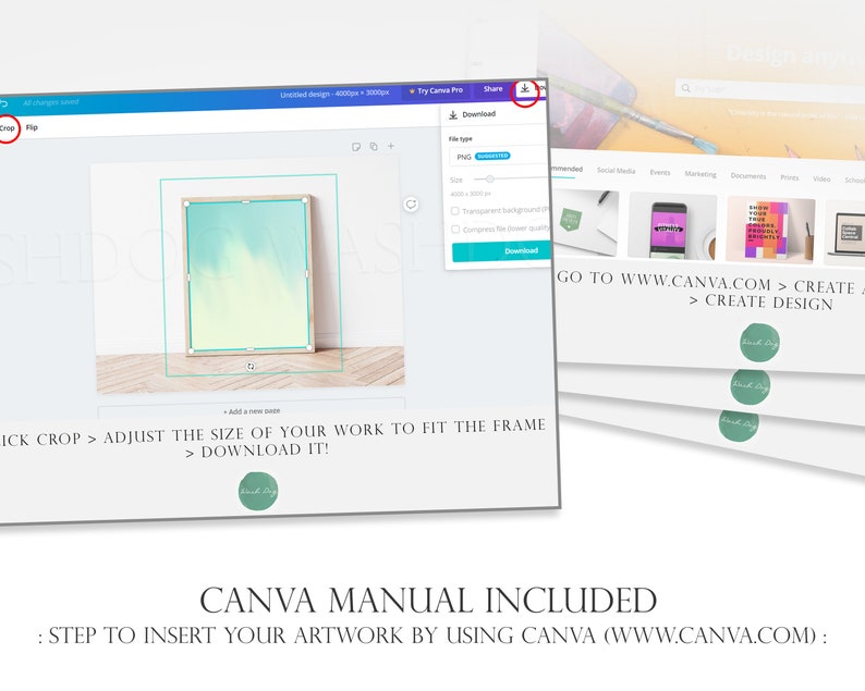 May include: A screenshot of a Canva design template with a light blue and white watercolor background. The template is for a framed artwork and includes instructions on how to adjust the size of your work to fit the frame and download it. The text "GO TO WWW.CANVA.COM > CREATE > CREATE DESIGN" is also visible.
