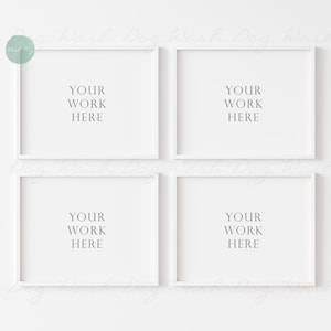 May include: Four white picture frames with a white background. Each frame has the text "YOUR WORK HERE" inside.