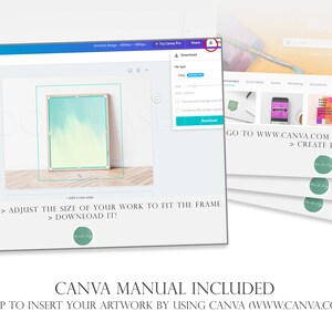 May include: A screenshot of a Canva design template with a light blue and white watercolor background. The template is for a framed artwork and includes instructions on how to adjust the size of your work to fit the frame and download it. The text "GO TO WWW.CANVA.COM > CREATE > CREATE DESIGN" is also visible.
