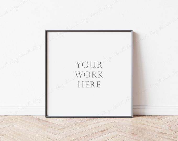Square Frame Mockup, Black Frame Mockup, Picture Frame, Digital Mockup, Square Black Frame, Poster Frame, PSD Mockup, Frame on Wooden Floor