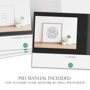 May include: A digital mockup showing how to insert artwork into a digital frame using Photoshop. The image shows a computer screen with a digital frame and a wooden shelf with two potted succulents. The text on the screen says "1. Double Click To" and "4. Finish!!".