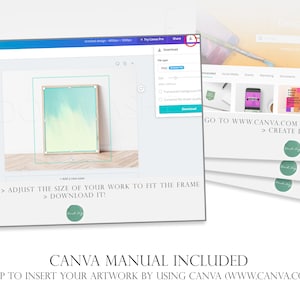 May include: A screenshot of a Canva design template with a light blue and white watercolor background. The template is for a framed artwork and includes instructions on how to adjust the size of your work to fit the frame and download it. The text "GO TO WWW.CANVA.COM > CREATE > CREATE DESIGN" is also visible.