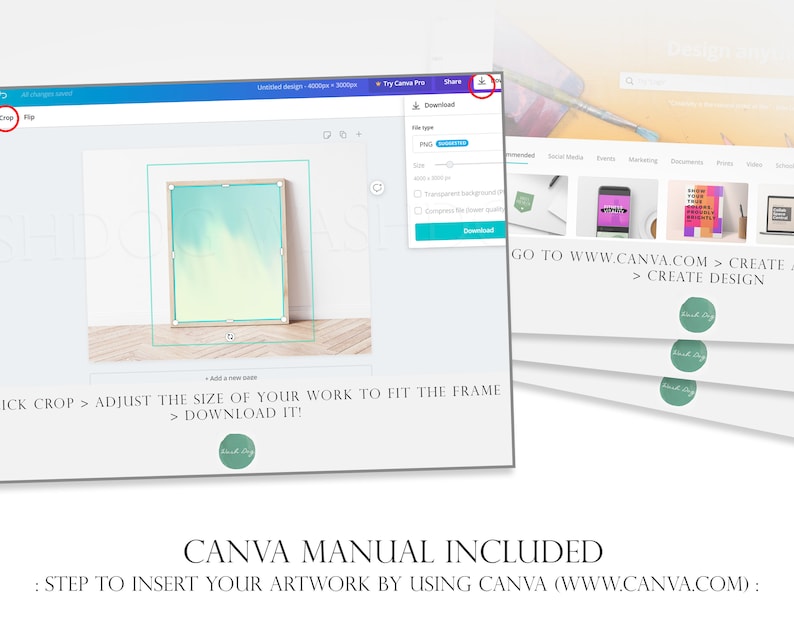 May include: A screenshot of a Canva design template with a light blue and white watercolor background. The template is for a framed artwork and includes instructions on how to adjust the size of your work to fit the frame and download it. The text "GO TO WWW.CANVA.COM > CREATE > CREATE DESIGN" is also visible.