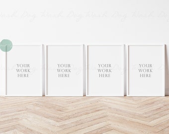 Picture frame sets mockup, Wooden floor mockup, Vertical white frame mockup, Digital Wall frame set, Rustic frame display, Four white frames