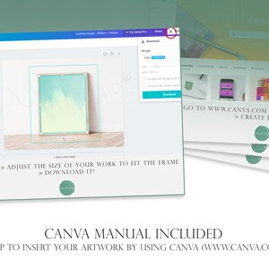 May include: A screenshot of a Canva design template with a light blue and yellow watercolour background. The text "GO TO WWW.CANVA.COM > CREATE > CREATE DESIGN" is displayed on the screen. The text "CANVA MANUAL INCLUDED: STEP TO INSERT YOUR ARTWORK BY USING CANVA (WWW.CANVA.COM):" is displayed at the bottom of the screen.