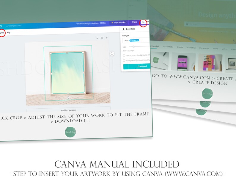 May include: A screenshot of a Canva design template with a light blue and yellow watercolour background. The text "GO TO WWW.CANVA.COM > CREATE > CREATE DESIGN" is displayed on the screen. The text "CANVA MANUAL INCLUDED: STEP TO INSERT YOUR ARTWORK BY USING CANVA (WWW.CANVA.COM):" is displayed at the bottom of the screen.
