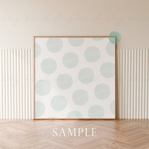 May include: A framed print with a white background and a pattern of light blue circles. The frame is a light wood color. The print says "SAMPLE" at the bottom.