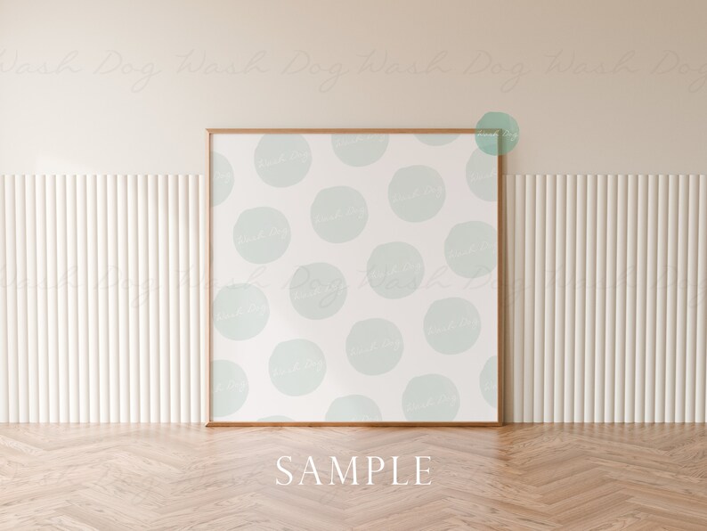 May include: A framed print with a white background and a pattern of light blue circles. The frame is a light wood color. The print says "SAMPLE" at the bottom.