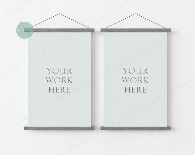 Poster frames mockup set, Two poster frame magnetic, Double wall hanging frame, Magnetic hanging poster frames, Vertical Wood poster mock up