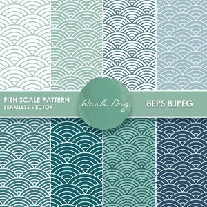 Puede incluir: Conjunto de ocho patrones vectoriales sin costuras que presentan un diseño de escamas de pez en varios tonos de azul y verde. Los patrones son perfectos para crear fondos, papel de regalo o diseños de telas. El texto "Fish Scale Pattern Seamless Vector" y "Wash Dog" es visible en la imagen.