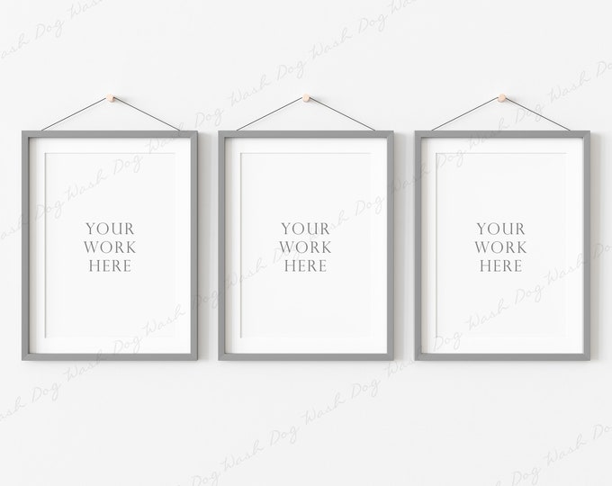 Three Frames Mockup, 3 Vertical Frame Mockup, Grey Frame Mockup, Hanging Frame Mockup, Grey Thin Frame, Mockup for Art, Picture Frame Mockup