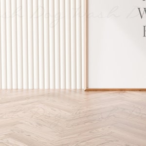 May include: A white wall with vertical grooves and a white frame with the text "Your words here" on a light wood floor.