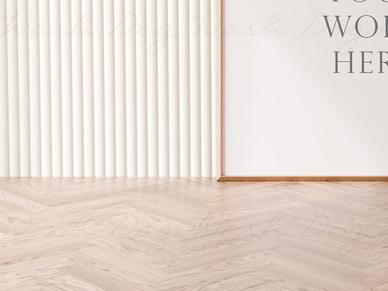 May include: A white wall with vertical grooves and a white frame with the text "Your words here" on a light wood floor.