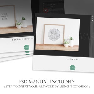 May include: A digital mockup showing how to insert artwork into a framed picture using Photoshop. The image shows a framed picture with a marble design inside, a wooden table, and a potted succulent plant. The text on the image reads "YOUR WORK HERE", "1. DOUBLE CLICK TO", and "4. FINISH!!".