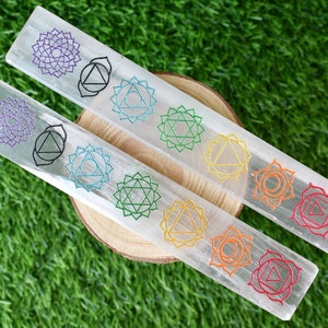 6 inch Selenite Charging Plate with 7 Chakra Signs, Engraved Chakra Selenite Plate for cleansing meditation & charging crystals, Protection