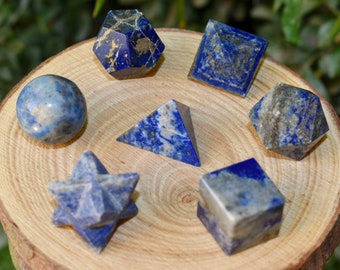 7 pcs Lapis Lazuli Platonic Solids Sacred Geometric Set Crystal Geometry Set for crystal healing education purpose