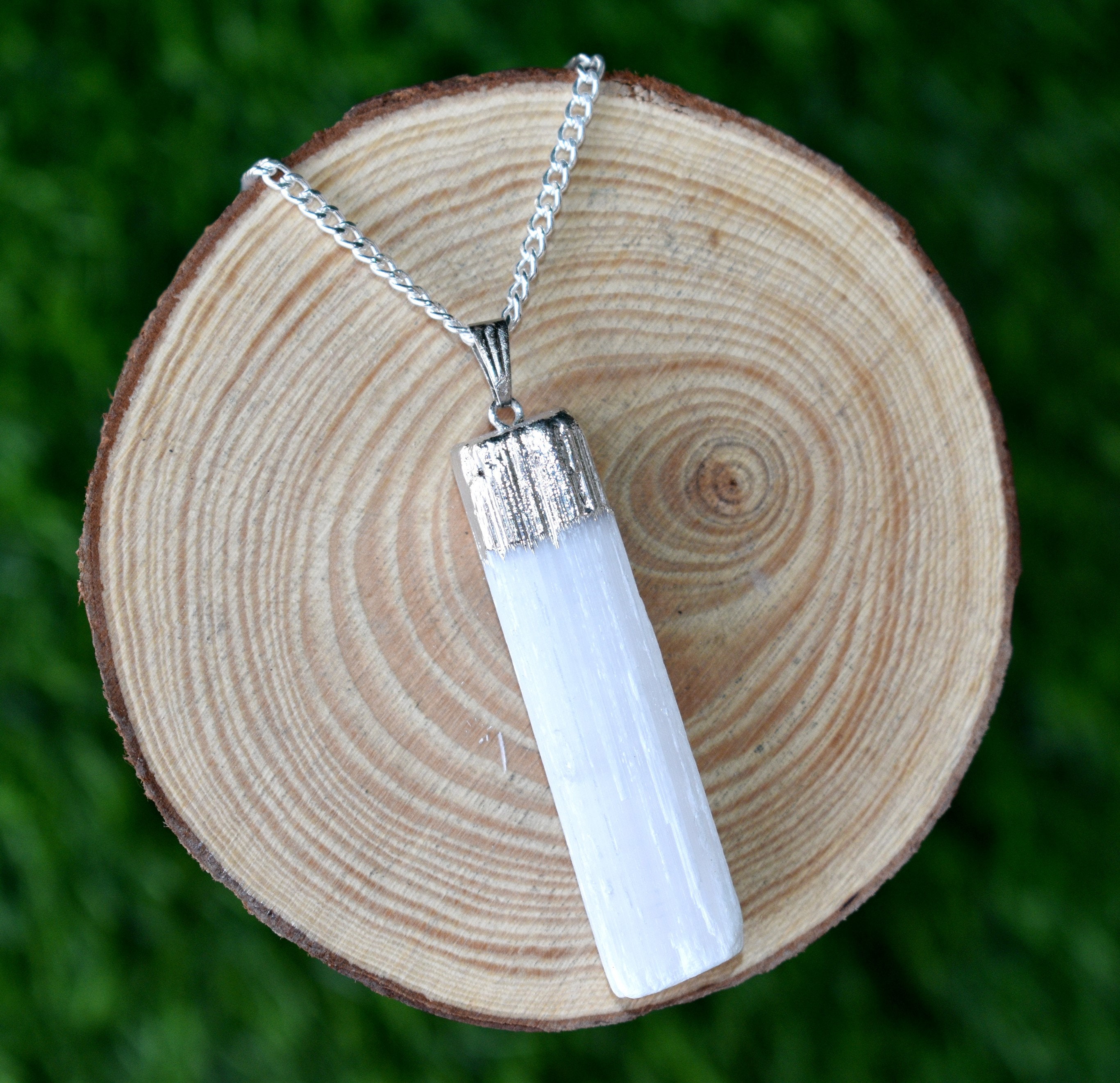 Selenite Rough Pendant Crystal Necklace Electroplated Silver