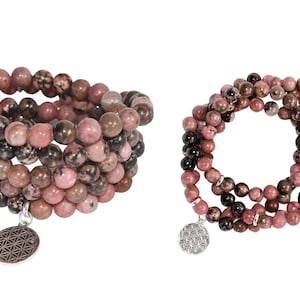 Rhodonite Mala Beads Necklace, 108 Beads Mala Bracelet, Rhodonite Stone Mala 108 Prayer Beads Crystal Jewelry Meditation Mala Beads Jewelry