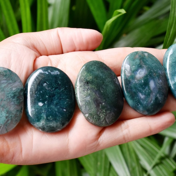 One (1) Moss Agate Worry Stone for crystal healing - Pocket Palm Stone worry stone