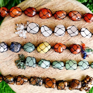 Natural Healing Tumbled Stone Car Hanger with Chips Tassel, Choose your Stone: Polished Raw Gemstone Crystal Ornament For Car and Home Decor