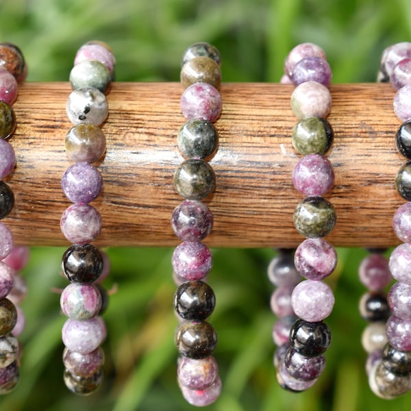 Watermelon Tourmaline Bracelet 6mm, 8mm, 10mm AAA Round Stretchy String Beaded Bracelet, Natural Crystal Gemstone Bracelet, Healing Bracelet
