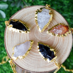 Real Stone Arrowhead Pendants, Pick Your Crystal, Electroplated Gold Edge Charms, Stunning Arrow Head Necklaces, Perfect Gift for Birthdays