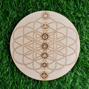 6&quot; Tree of Life 7 Chakra Crystal Grid Plate, Wooden Plates, Crystal Grid Boards
