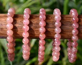 Strawberry Quartz Bracelet 6mm, 8mm, 10mm Round Beaded Bracelet Strawberry Quartz Crystal Gemstone Healing Bracelet, Crystal Beaded Bracelet