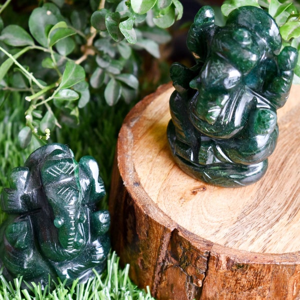 Green Jade Ganesha Statue Gemstone Statue Semi Precious Handcarved Ganesha God of Intelligence Good Luck