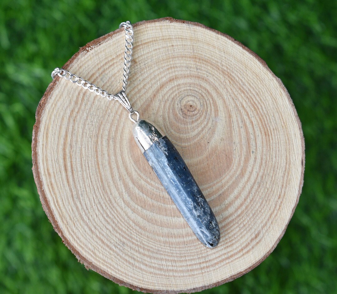 Genuine Kyanite Rough Stone Pendants, Natural Raw Electroplated Silver