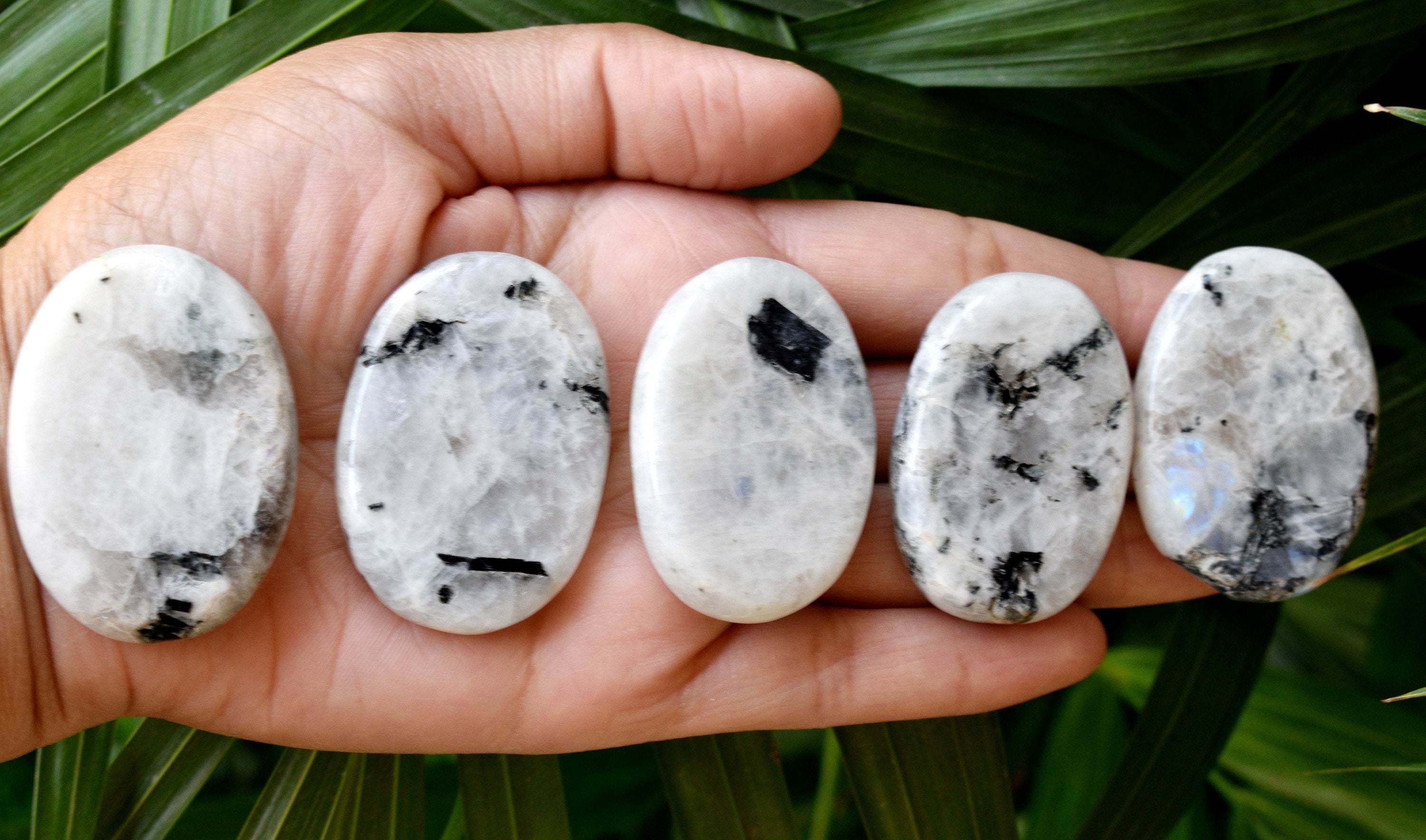 本物のレインボームーンストーンパームストーン、磨かれたホワイト