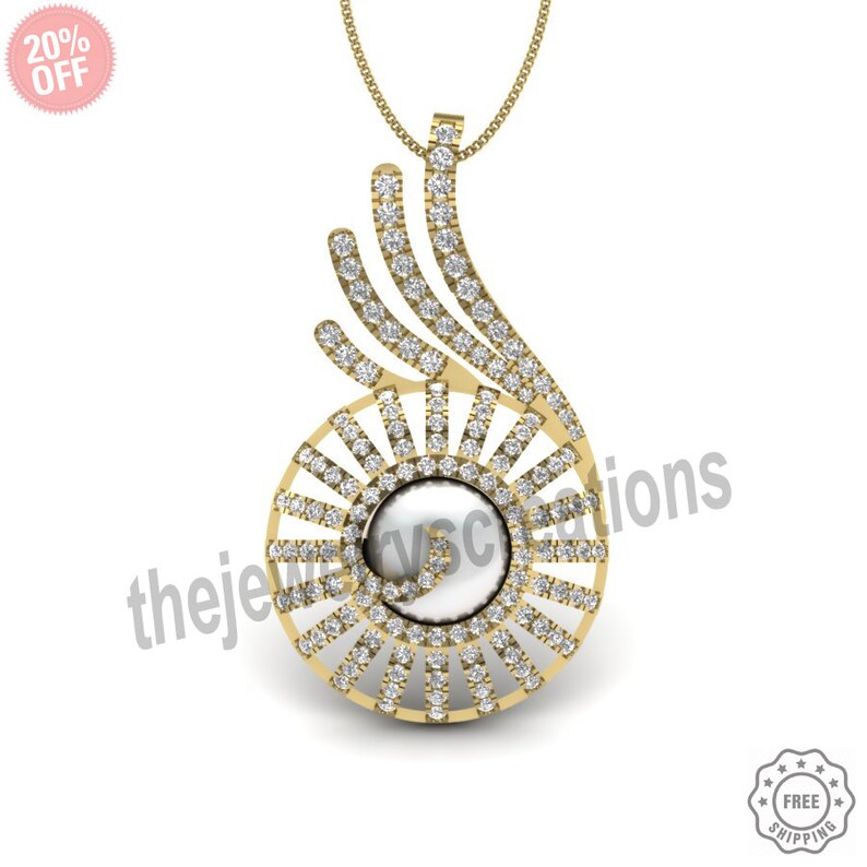 14 k yellow gold adorable round wheel sparkling pearl diamond designer pendant beautiful fine jewelry for women